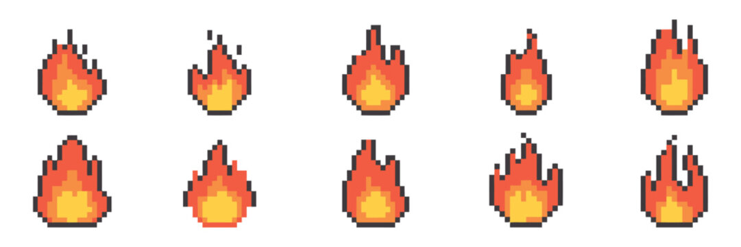 Pixel art fire icons with retro flames in red, orange and yellow
