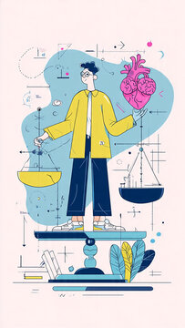 Man balancing heart and mind on scales, concept of emotional intelligence, rational thinking, and decision making