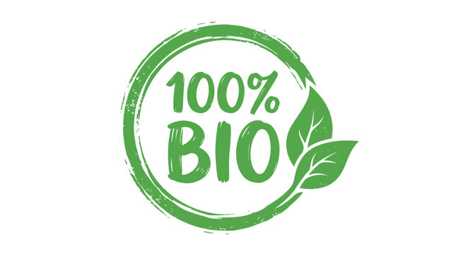 Round green textured emblem featuring hundred percent bio text with decorative leaves on white background