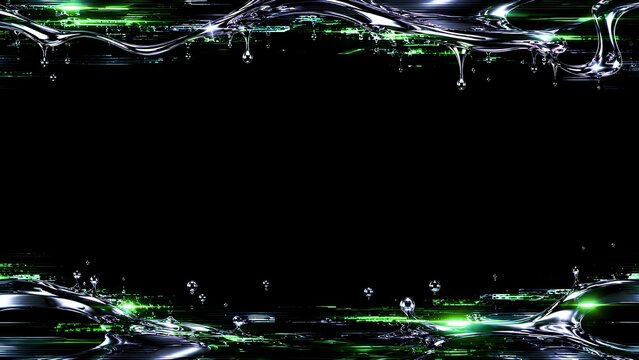 滴る液体金属と緑のグリッチノイズのフレーム / Frame of dripping liquid metal and green glitch noise (Generative AI)