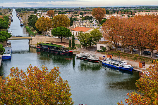 Autumn View of the town and port of Aigues-Mortes in Camargue, France