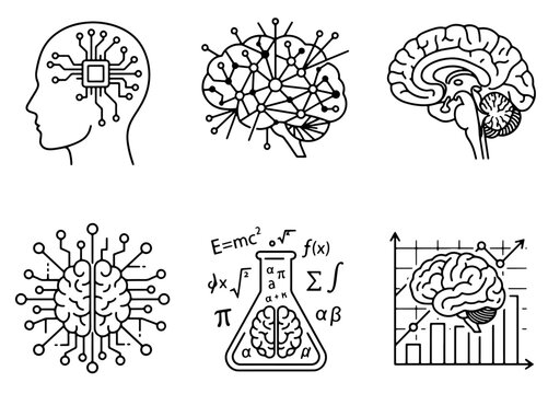 Brain illustration set with neural networks equations and data analysis concepts in linear style