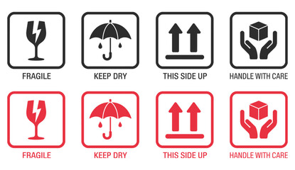 Packaging handling symbols with fragile, keep dry, this side up, and care instructions in clean vector icon design © Rakib001