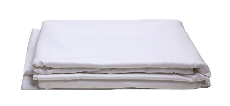 Stack of folded white satin bed linen isolated on transparent background