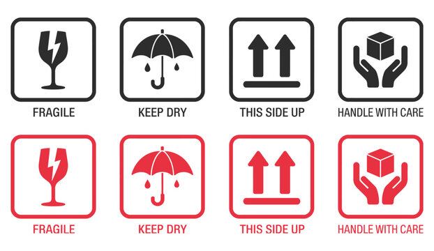 Packaging handling symbols with fragile, keep dry, this side up, and care instructions in clean vector icon design