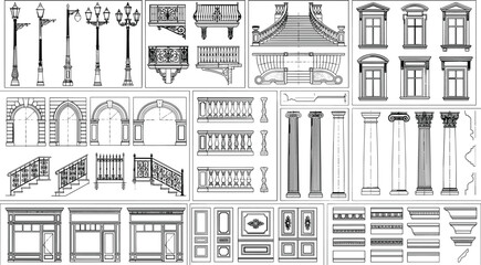 Obraz premium Classic Architectural Elements Collection with Windows Columns Railings Doors and Decorative Vector Details