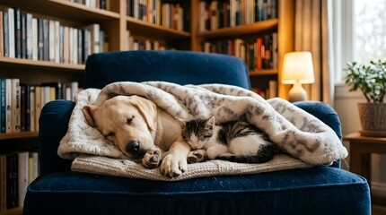 Fototapeta na wymiar Labrador puppy and kitten sleeping together. Cute pets resting under a soft blanket.