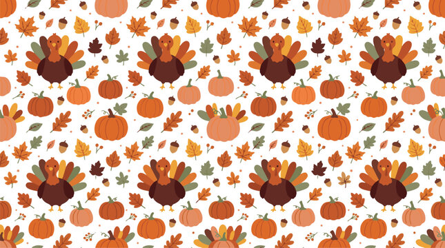 Seamless pattern with watercolor turkeys and pumpkins for a festive autumn harvest and happy thanks giving celebration background