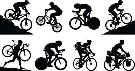 Fototapeta premium Cyclist Silhouette Collection with Road Mountain BMX and Touring Bicycle Rider Vector Set
