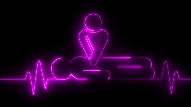 neon heartbeat icon animation. CPR chest compressions showing medical resuscitation technique for training, safety, heartbeat pulse, on medical lifesaving care,motion graphic..