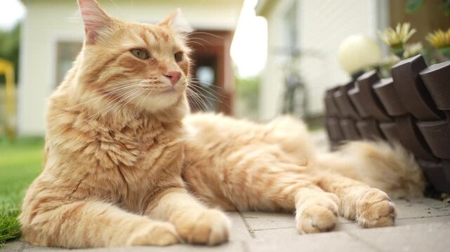 Adult ginger cat lying on concrete path and cleaning itself in garden. ginger tabby cat lies comfortably on a concrete pathway in the backyard of a countryside dacha, licking its paw and cleaning