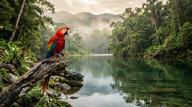 Scarlet macaw resting on driftwood by tropical river. Vibrant red parrot posing in lush rainforest wetland.