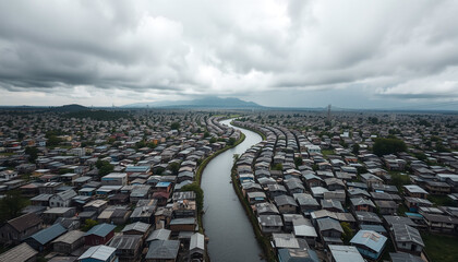 Fototapeta premium Aerial View of Dense Urban Settlement with River Under Overcast Skies