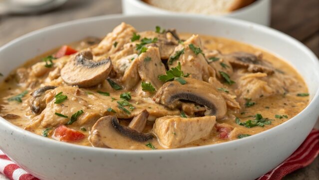 Romanian ciulama de pui with mushrooms served in a bowl