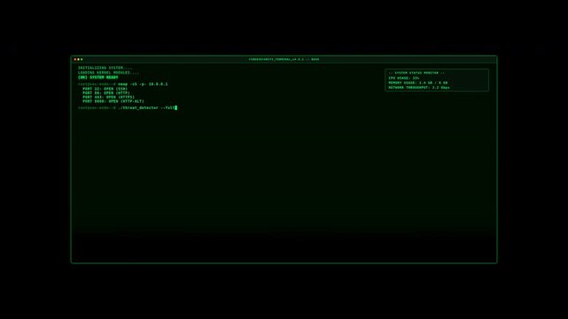 Motion of Computer Terminal Screen Showing Code and Command Line Interface in Dark Mode.