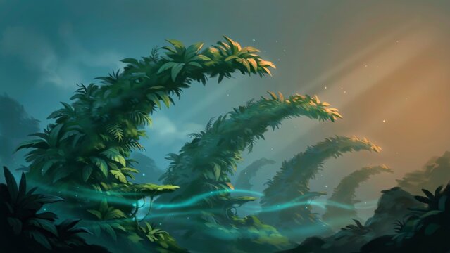 A cinematic fantasy forest landscape with giant glowing fern plants everywhere