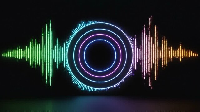 Audio waves ripple outward from concentric glowing circles in this digital visualization.