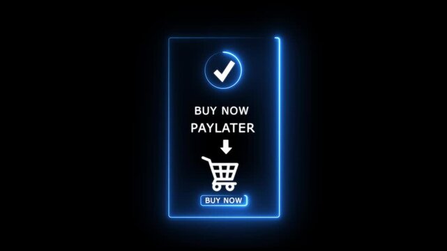 Glowing Neon Blue Buy Now Pay Later Shopping Cart Icon with Check Mark Buy Now Pay Later Payment Icon on Dark Background Neon Finance and E-Commerce Loop Motion Graphics..