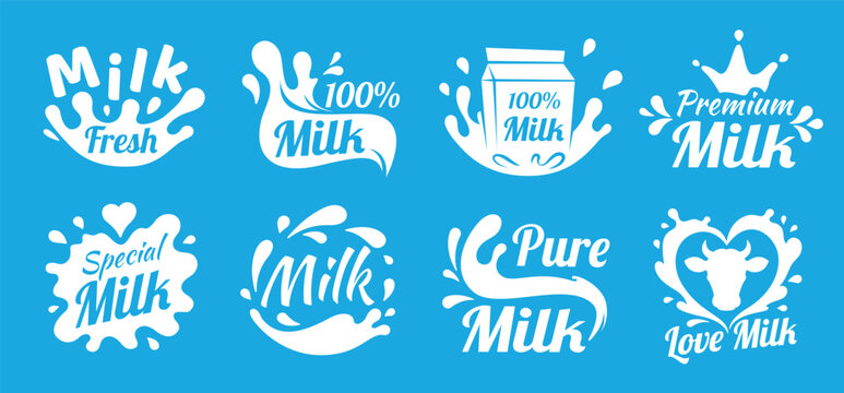 Milk splash logo. Dairy product label emblem cream splashes badge yogurt milky drink cow farm organic food yoghurt creamy fresh beverage liquid drop qualitative vector illustration