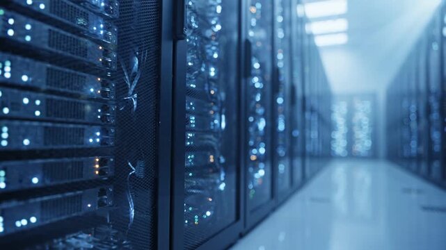 Modern server room with rows of data center equipment