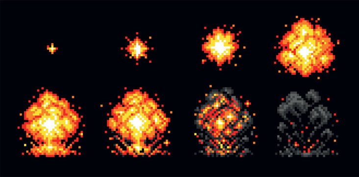 Pixel explosion animation. Fire blast flame 8 bit art, retro arcade game bomb firework fight sequence frame old computer space war attack bang smoke qualitative vector illustration