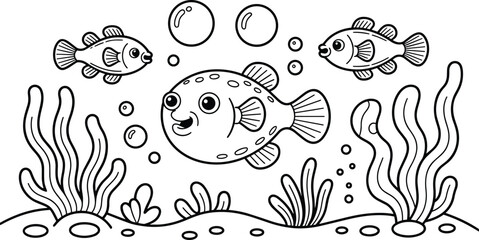 Fish coloring page for children featuring a pufferfish and small tropical fish swimming among sea plants and bubbles in an underwater ocean environment © Pappu0099