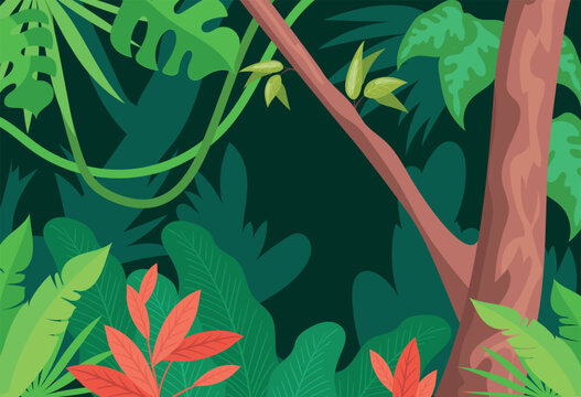 Cartoon jungle landscape. Tropical forest nature background, tree flower plant path wood grass green leaf foliage adventure game amazon jungles view vector illustration