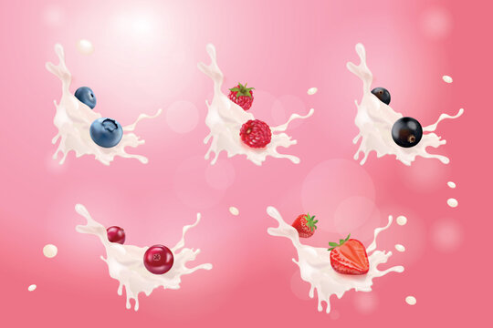 Berries yogurt splash. Fruit milk cream, 3d realistic isolated red blue berry mix icecream drink organic strawberry blueberry raspberry blackberry cranberry 3d vector illustration