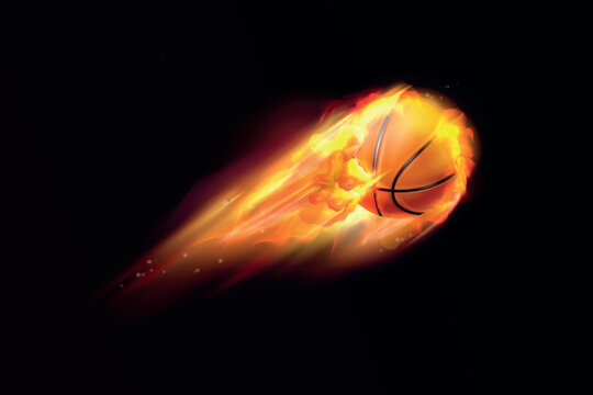 Fire basketball. 3d realistic fireball, flying flaming basket ball orang hot balls sport player fire throw play speed motion effect dark background vector illustration