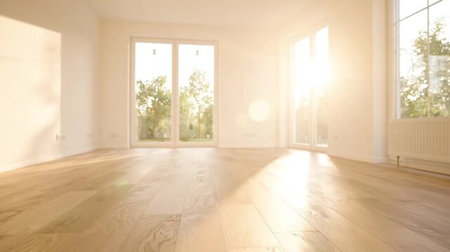 Bright empty room with wooden floor and sunlight streaming through windows