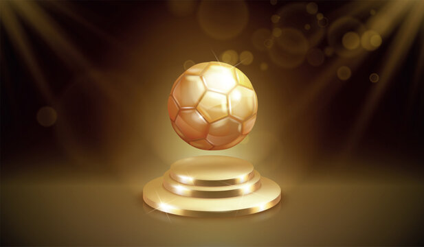 Golden soccer ball. Winner trophy award ceremony realistic stage, gold champion 3d prize realistic football ball pedestal platform best player sport nomination vector illustration
