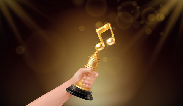 Hand hold music award. Realistic arm holding golden cup winner nomination ceremony, 3d gold musical notes reward song singer spotlights luxury dark background vector illustration