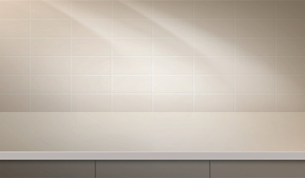 Kitchen countertop. Realistic kitchen table light shadow wall home cook room empty cooking counter studio desk surface beige cosmetic background minimal design vector illustration