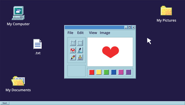 Retro paint program. 90s desktop software screen, ui icon drawing tool graphic style old 2000 window application computer pc frame digital art vaporwave design vector illustration