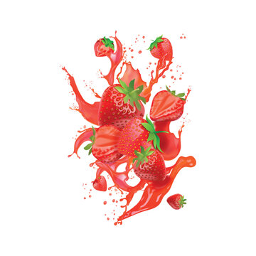 Strawberry juice splash. Realistic smoothie fresh drink splashes drops, flying strawberries red berries liquid fruit explosion summer berry beverage 3d isolated vector illustration