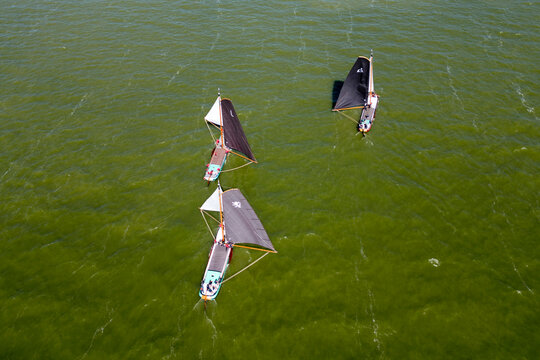 STAVOREN, THE NETHERLANDS AUGUST 12, 2023: Traditional Skutsjes Compete During the Annual SKS Skutsjesilen Sailing Championship on the IJsselmeer