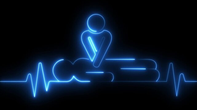 neon heartbeat icon animation. CPR chest compressions showing medical resuscitation technique for training, safety, heartbeat pulse, on medical lifesaving care,motion graphic..