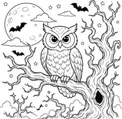 Black and white coloring page featuring a cute owl perched on a spooky tree under a full moon