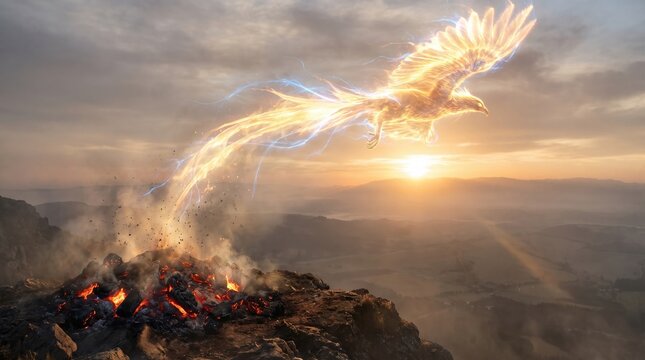 A magnificent glowing phoenix rising and flying upward from a pile of burning embers and smoke on a mountain peak at sunset.