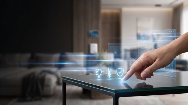 A person interacting with a futuristic transparent smart home control interface on a glass table in a modern living room.