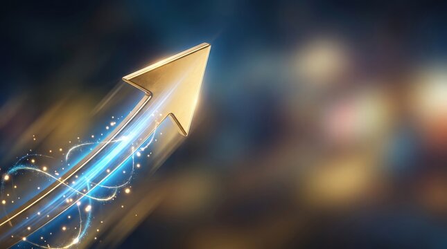 A golden arrow shooting upward and forward with motion blur, surrounded by glowing blue energy swirls and sparkling light particles. copy space