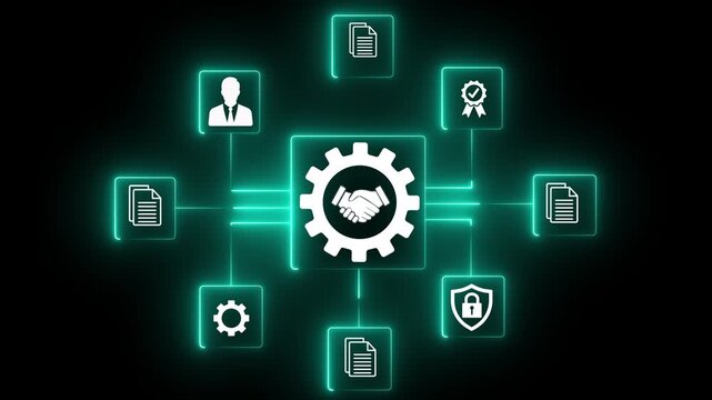 Businessman manage digital procurement process , invoice, approval documents, representing B2B sourcing, vendor management, supply chain, e-procurement. Motion graphics of business concept.