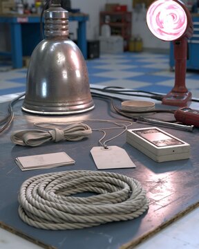 Cord safety tag setup with rope and inspection lamp on workbench