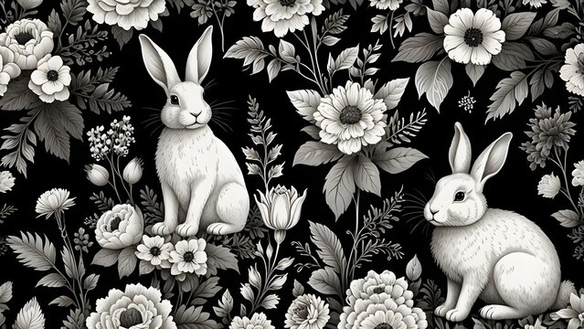 Monochromatic seamless pattern featuring white rabbits nestled among delicate black and white vintage floral motifs. Elegant decorative background.