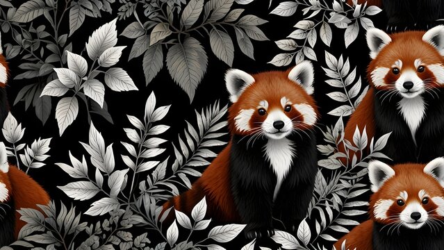 Seamless pattern of red pandas with vibrant fur contrasting monochrome botanical leaves on a dark background, exotic wildlife illustration.