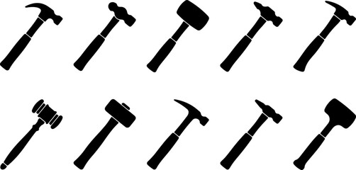 A diverse collection of hammer silhouettes, showcasing various essential striking tools for construction, carpentry, and home improvement, ideal for versatile graphic design applications © Imdadul