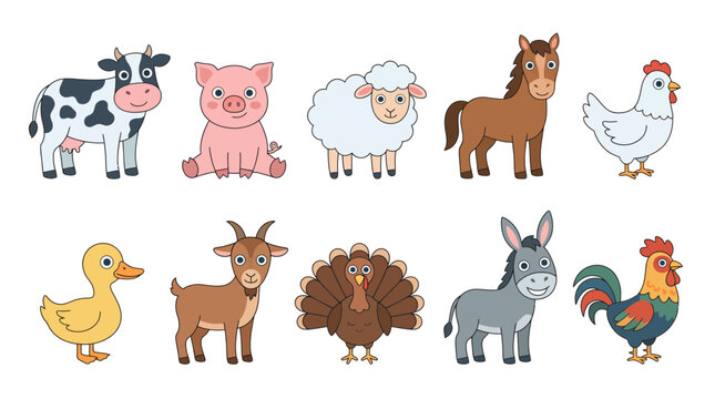 Cute Farm Animal Vector Collection with Cow Pig Sheep Horse Chicken and Other Livestock