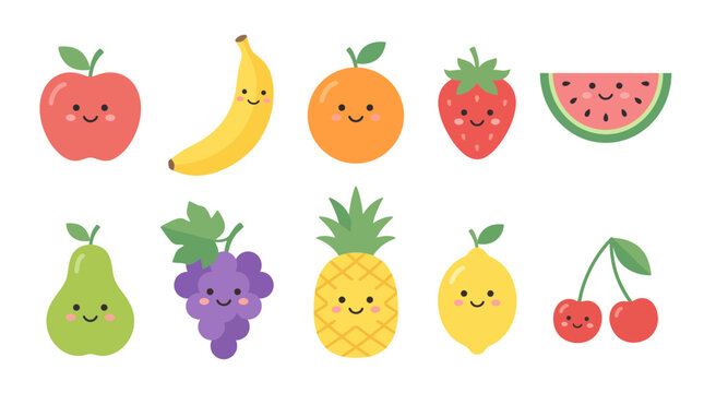 Cute collection of cartoon fruit characters with happy smiling faces including apple banana orange strawberry watermelon pear grapes pineapple lemon and cherry