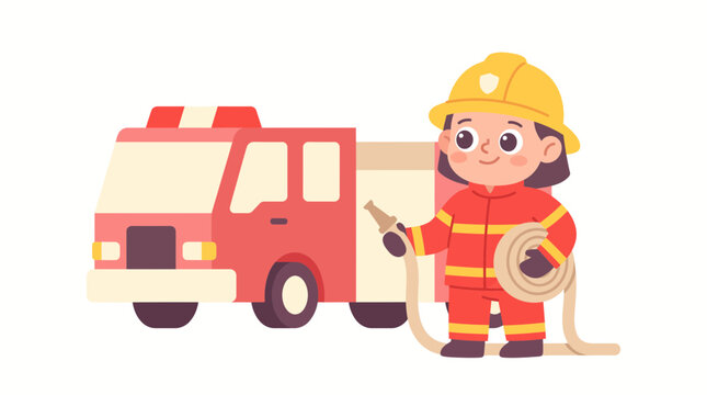 Cute cartoon firefighter girl holding a water hose with a fire truck in the background, isolated vector illustration