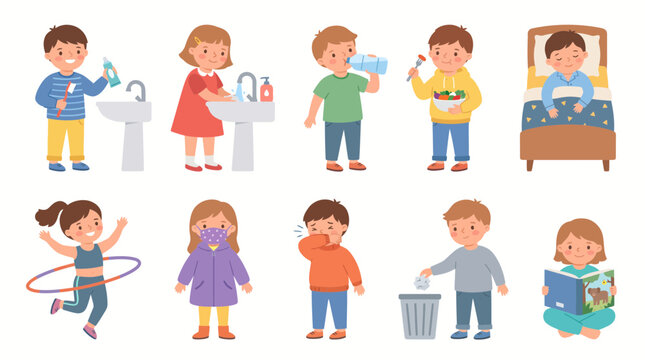 Cute Children Performing Daily Healthy Habits and Positive Lifestyle Activities for Kids Education Vector Set